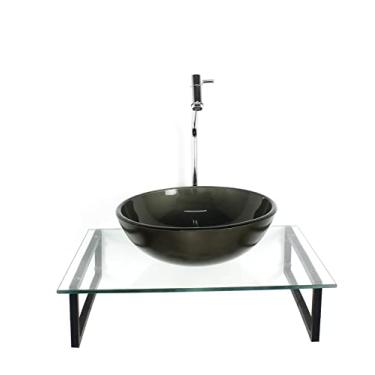 Imagem de KIT CUBA DE VIDRO REDONDA 10MM OURO ENVELHECIDO COM TAMPO 50CM INCOLOR E SUPORTE PRETO