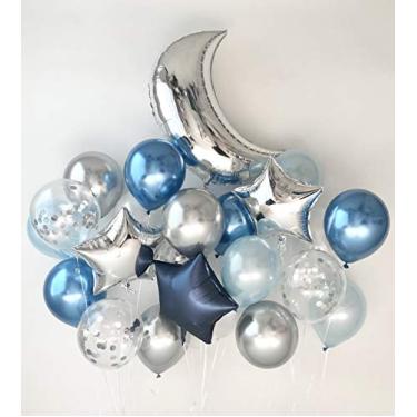 Imagem de Sweet Moon Buquê de balões de lua e estrela de 24 peças - chá de bebê, aniversário, revelação de gênero, decoração de festa Eid e Ramadã (azul metálico)