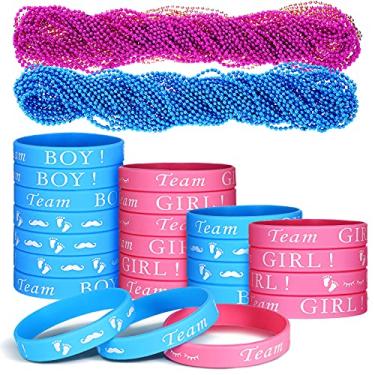 Imagem de O conjunto de 48 pulseiras e colares de contas inclui 24 peças de pulseiras Team Boy Girl e 24 colares de contas de bebê para artigos de festa de revelação de gênero, chá de bebê, rosa e azul