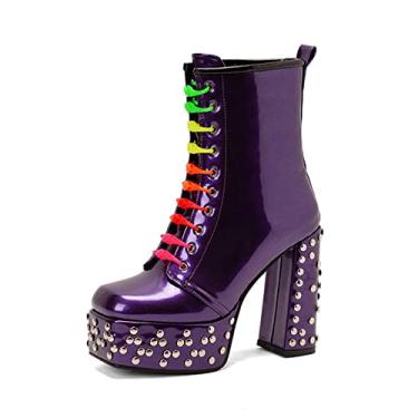 Imagem de Botas de plataforma femininas no tornozelo gótico bloco robusto com cadarço punk de salto alto motocicleta botas de combate,Purple,7 UK/40 EU