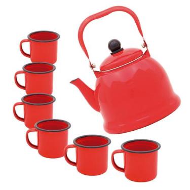 Imagem de Kit Chaleira E 6 Canecas Esmaltadas Ágata Vermelho Vintage 1.7L - Mimo