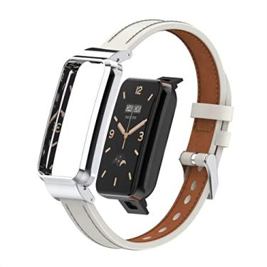Imagem de T-BLUER Compatível com Xiaomi Mi Band 7 Pro, pulseira de substituição de couro Mi Band 7 Pro, acessórios com moldura de metal para Xiaomi Mi Smart Band 7 Pro, branca