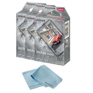 Imagem de FUJIFILM Pacote de mini película cinza pedra instantânea 30 fotos com pano de limpeza de microfibra BluebirdSales ISO 800, tamanho de cartão de crédito, fácil carregamento para todas as mini câmeras e