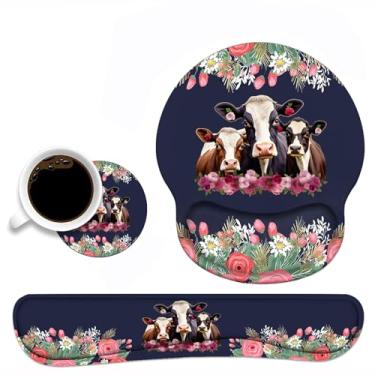Imagem de Conjunto de apoio de pulso e mouse pad com teclado e suporte de pulso, base de poliuretano antiderrapante, mousepad ergonômico para jogos para escritório em casa, estudo, digitação fácil e alívio da dor - combinação de vacas engraçadas com citação floral