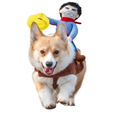 Imagem de Fantasia de Cowboy Rider Dog Waving Hat - Fantasia engraçada de Halloween com boneca e chapéu, fantasia de cavaleiro ajustável para laboratórios, pastores alemães, Golden Retrievers e mais (XS)