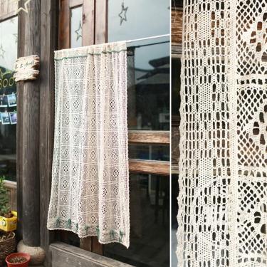 Imagem de Saia de cortina de renda Shabby Chic, cortina curta transparente para cozinha Boho Farmhouse, semicortinas florais de crochê de algodão, bolso para haste / 1 painel (22 × 20 pol.), L × A 125