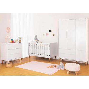 Imagem de Kit Quarto Infantil Retrô Theo Branco Fosco - Berço + Cômoda + Guarda-Roupa