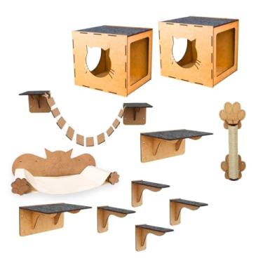 Imagem de BOXFAN Playground para Gatos, Casinhas, Rede Suspensa de Descanso, Arranhador, Prateleiras, Ponte e Degraus, Parquinho de 11 Peças com Carpete Antiderrapante