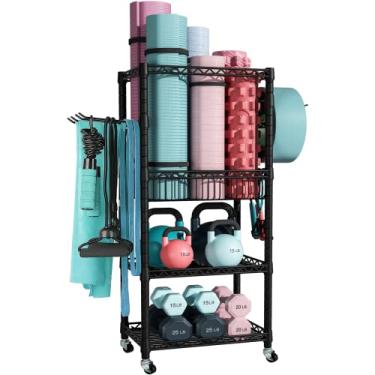 Imagem de FUTASSI S1 Organizador de equipamentos de treino de 3 níveis com rodas para tapetes de ioga, rolo de espuma, halteres, kettlebells e faixas de resistência, 120 cm A x 69,8 cm C x 30 cm P, preto