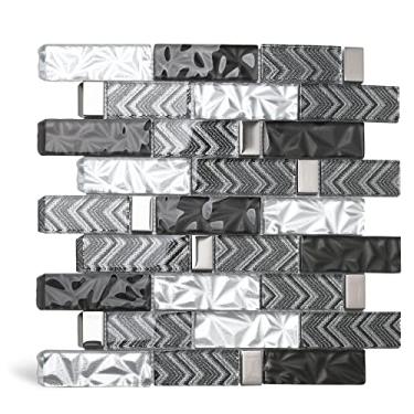 Imagem de Blujellyfish Azulejos 3D de vidro para cozinha banheiro parede backsplash marrom prata luxo texturizado arte mosaico montado em malha entrelaçada tijolos de vidro realce telha NB35C (pacote com 5 folhas)