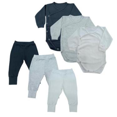 Imagem de Conjunto Body Kimono Manga Longa + Calça Liso Algodão Kit C/3 - Mellan