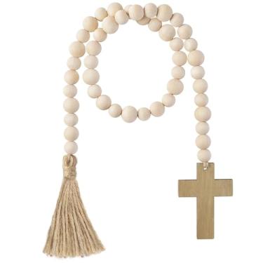 Imagem de Páscoa religioso Ele é ressuscitado guirlanda de madeira, 47 peças de contas de madeira com cor de madeira guirlanda contas rústicas de fazenda com corda de juta xadrez borla natural decoração de contas de madeira para o ano novo de Páscoa