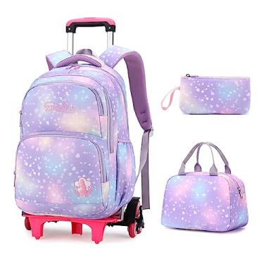 Imagem de LANSHIYA Mochila Dream Princess Wind Rolling para meninas, bolsa de viagem com rodas, mochila escolar, 3 peças roxas - 6 rodas, 3 Pcs 6 wheels, Moderno