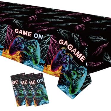 Imagem de Owelleny Toalha de mesa para decoração de festa de videogame, 3 peças descartáveis para jogos em festa de aniversário, decoração de toalha de mesa de aniversário para jogadores, 139,7 x 218,4 cm