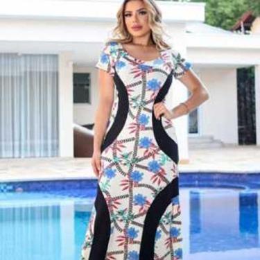 Imagem de Vestido feminino longo manga curta Gola estilo Canoa estampado moda Ev