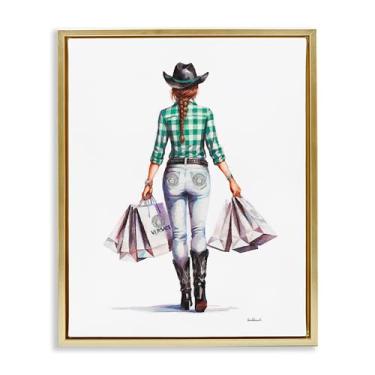 Imagem de Stupell Industries Tela emoldurada Country Cowgirl Shopper Gold Floater Design de arte de parede por Amanda Greenwood, 17 x 21