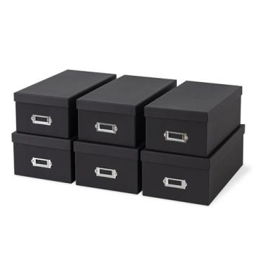 Imagem de Soul & Lane Caixas de armazenamento pretas – Conjunto de 6 (3 grandes, 3 médias), caixas de armazenamento de memória com tampas, organizadores de papelão com porta-etiquetas para fotos, artesanato,