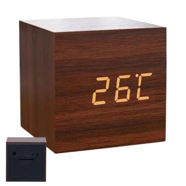 Imagem de Relógio 6,3 x 6,3 cm termômetro LED de madeira exibição de data USB/bateria 3 modos de iluminação ativado por som , despertador digital