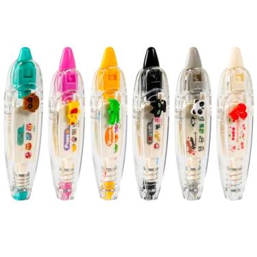 Imagem de 6 canetas decorativas tipo prensa animal, 6 estilos de caneta branca fofa com bolso para fora, fita de correção de renda com desenho animado para artesanato, diário, scrapbook, recompensas de classe