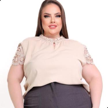 Imagem de Blusa Feminina Plus Size Com Gola Pedrinhas Manga Guipir - Look Modas 