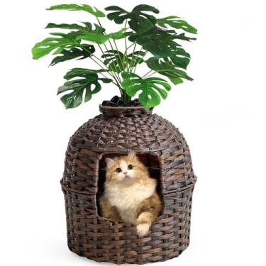 Imagem de SETVSON Caixa De Areia Para Gatos, Móveis Plantas, Escondida Gatos Com Plantas Artificiais, Vime Trançado À Mão Fechadas Na Sala Estar (Marrom)