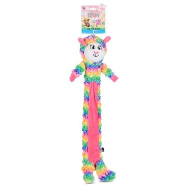 Imagem de Bow Wow Brinquedo para cachorro de pelúcia longo sem enchimento de 61 cm – Corpo enrugado e cabeça estridente – Brinquedo interativo de animais de puxar e buscar – as cores podem variar (fazenda