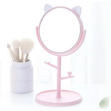 Imagem de Espelho de Mesa Gatinho com Porta Maquiagem e Joias - Suporte Giratório 360°, Design Fofo e Prático, Cor Rosa, Ideal para Presente ou Automaquiagem