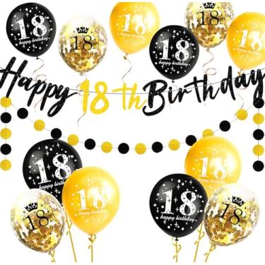 Imagem de Ouro preto com faixa de feliz aniversário de 18 anos, 15 peças, guirlanda circular de balão de látex para 18 anos de idade, tema menino, menina, aniversário, decoração de festa