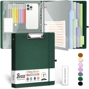 Imagem de Organizador de fichário de couro com 3 anéis de 2,5 cm, fichários BVSSX com prancheta, pasta de plástico, divisórias de bolso de 5 abas com etiquetas adesivas, alça para caneta, alça elástica (verde