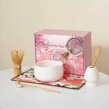 Imagem de DWEHIXBUY Conjunto de tigelas Matcha feitas à mão 8 peças - Xícaras de chá Chawan de cerâmica estilo japonês com arte floral e borda ondulada | Kit completo de cerimônia de chá Matcha em caixa de
