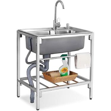 Imagem de Pia De Aço Inoxidável 1 Bacia Pia De Cozinha Móvel Com Torneira Garagem Ao Ar Livre Jardim Camping Pia De Porão Com Peneira De Drenagem Para Oficina De Cozinha Fazenda