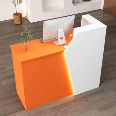 Imagem de Balcão De Recepção Com Luzes Led E Gaveta Trancável, Balcão De Compras De Varejo Com Descanso Para Teclado, Balcão De Recepção Para Casa, White + Orange (Left High), 39.4"x16.54"x39.37"