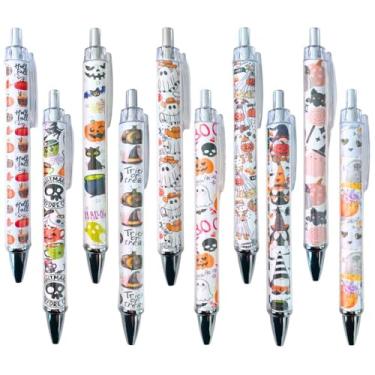 Imagem de Canetas de Halloween 10 peças – canetas fofas com caveiras e designs assustadores, tinta preta, lembrancinhas e presentes divertidos de festa de Halloween, material escolar perfeito para crianças e