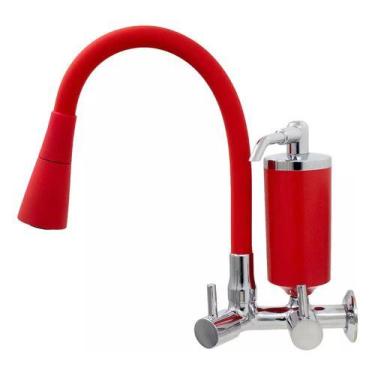 Imagem de Torneira De Cozinha Vermelho Gourmet Parede Com Filtro Inox Revestida 