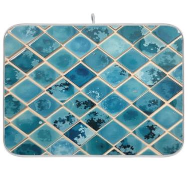 Imagem de Tapetes de cerâmica turquesa brilhante para cozinha 40,6 x 45,7 cm, azul sereia, xadrez, mármore, pedra, escorredor de pratos, tapete de drenagem de pratos G