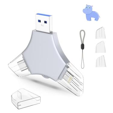 Imagem de Pen Drive USB 3.0 de 64 GB para iPhone, 3 em 1 com memória externa, suporte de fotos, vídeos, armazenamento de dados/backup, pen drives de alta velocidade V11.50 para iPhone/iPad/Android/PC