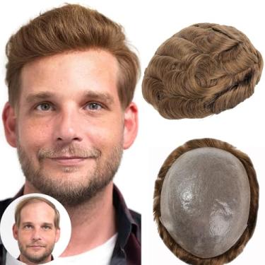 Imagem de BEEOS Toupee de pele fina de 0,08 mm para homens, cabelo humano real em V com laço em V, peça de cabelo masculino, base de poliuretano, 20 x 25 cm, peruca masculina nº 18 loiro