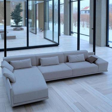 Imagem de Sofá de Canto 5 Lugares com Chaise Revestimento em Sarja 336x74cm Cinza Médio