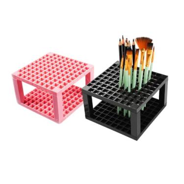 Imagem de XnxnzhHo 2 porta-pincéis de tinta, organizador de suprimentos de arte com 96 compartimentos, para canetas, lápis, pincéis, suporte de exibição de armazenamento de lápis de sobrancelha, preto e rosa