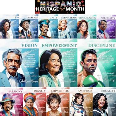 Imagem de Elmodam Quadro de avisos do mês da herança hispânica de 16 peças - decorações do mês da herança hispânica, pessoas latinas hispânicas famosas com citações inspiradoras, decoração de sala de aula