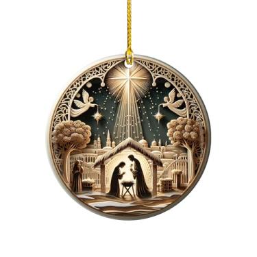 Imagem de Enfeite de Natal de presépio 2025 – Enfeite redondo de cerâmica de 7,6 cm dupla face – Decoração de árvore de férias religiosa com família sagrada e estrela de Belém – Lembrança Cristã (Q-5)