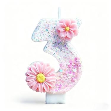 Imagem de Ayracat Velas de aniversário para bolo, 3ª vela de aniversário de flor rosa para decoração de festa, número 3