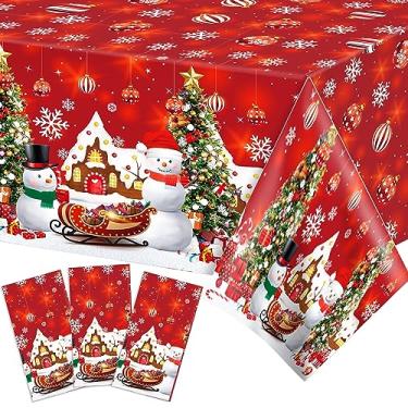 Imagem de Adirasenotek 3 peças de toalha de mesa vermelha de Natal, capas de mesa descartáveis de boneco de neve de plástico para artigos de festa de Natal, decoração de festa de inverno, 203 x 128 cm