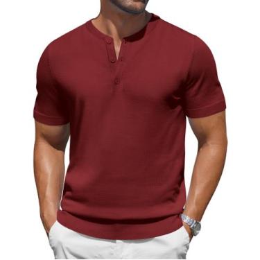 Imagem de Camiseta masculina COOFANDY de malha Henley de manga curta vermelha vi