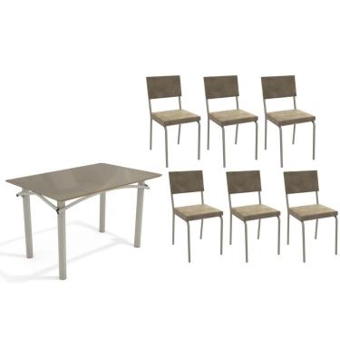 Imagem de Sala de Jantar Completa Elba Tampo Madeirado c/ Vidro 120cm e 6 Cadeiras Zaria Niquel/Freijo Bronze - Suede Bege - Kappesberg