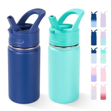 Imagem de Garrafa de água infantil de 350 ml para escola, garrafas infantis com canudos, garrafa de água isolada a vácuo de aço inoxidável para meninos e meninas, à prova de vazamento, livre de BPA, azul +