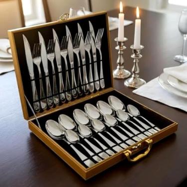 Imagem de Conjunto de Talheres Inox, 24 Peças com Maleta Dourada, Acabamento Espelhado, Colheres, Garfos, Facas, Aço Inoxidável, Maleta MDF 32x25,5x4,5cm