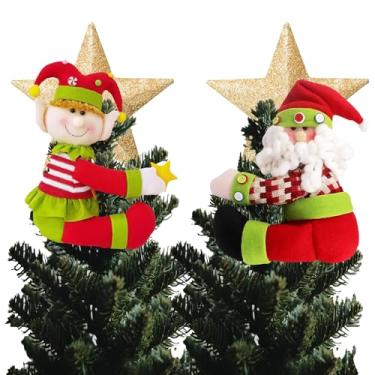 Imagem de Decoração de topo de árvore de Natal, enfeite exclusivo de pelúcia engraçado, Papai Noel, homem de gengibre, homem de neve, elfo com estrela, cortina de Natal, garrafa de vinho, escada, enfeite de