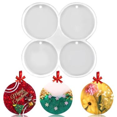 Imagem de MEMOVAN Ornamentos de Natal de 4 cavidades, moldes de resina com orifícios, moldes de resina redondos, moldes de porta-copos profundos, moldes de fundição com pingente redondo para decoração de árvore