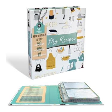 Imagem de Fichário de receitas, conjunto organizador de fichário de 3 anéis de 21,5 x 24 cm (com 50 protetores de páginas, 100 cartões de receita de 10 x 15 cm e 12 separadores de categoria) da Better Kitchen Products, design de cozinha vintage